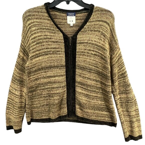 Cousin Johnny Zip Cardigan Womens M Tan Green Cotton Knit Sweater Cozy Granola - Picture 2 of 14